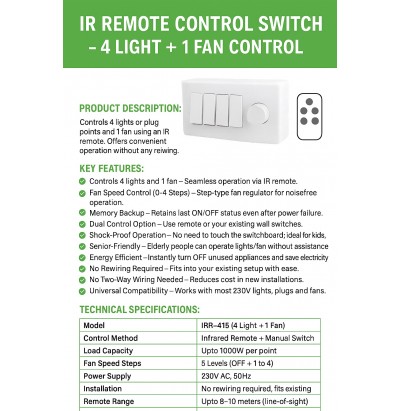Remote Control Switch For 4 Light 1 Fan Humming Less Fan Speed