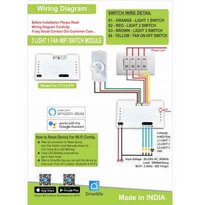 3 Light + 1 Fan Smart WiFi + RF Remote Control Retrofit Switch Module